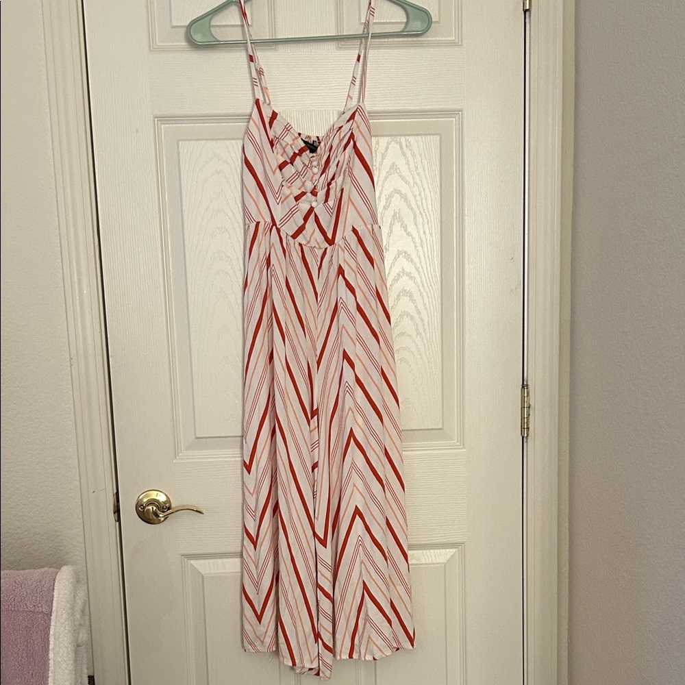 Striped Spaghetti-Strap Jumpsuit/Romper in White, peach and red